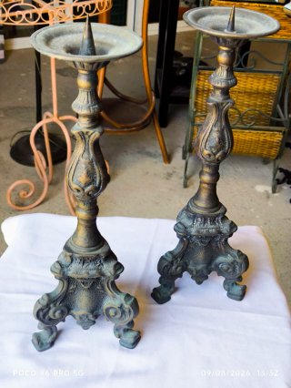 Pareja Candelabros Hacheros Antiguos Bronce