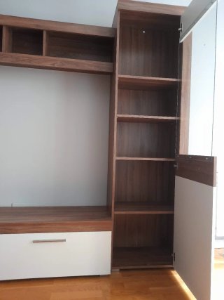 Mueble salón roble/blanco cristal y madera