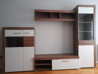 Mueble salón roble/blanco cristal y madera