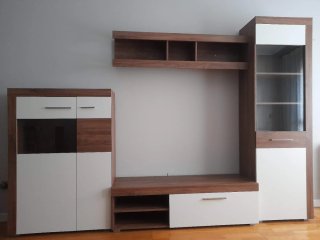 Mueble salón roble/blanco cristal y madera