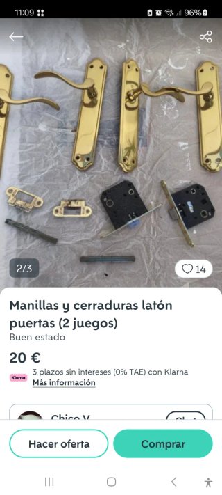 Manillas y cerraduras latón puertas (2 juegos)