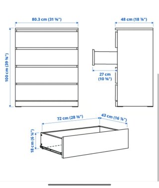Cómoda Malm Ikea 4 cajones blanca.