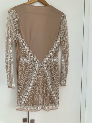 Vestido fiesta lentejuelas beige y plata