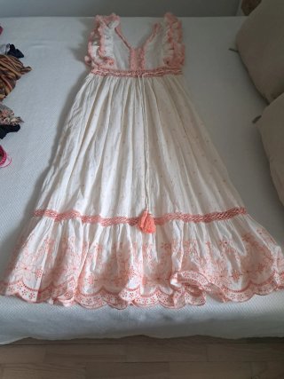 Vestido largo beige y rosa palo