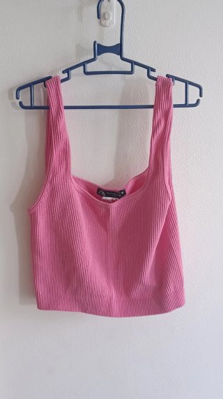 Top Zara Malla Rosa Manga Larga