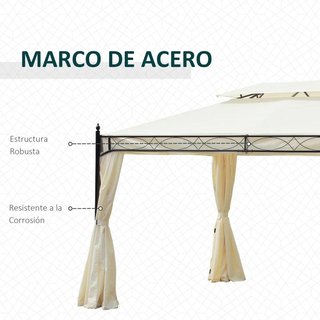 Cenador Jardín 4x3m Techo Doble con Cortinas Crema