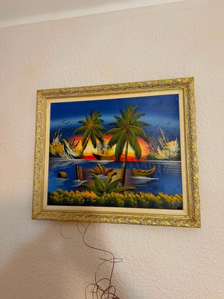 Cuadro paisaje tropical con marco dorado