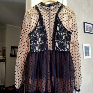 Abito lungo pizzo, tulle e pois