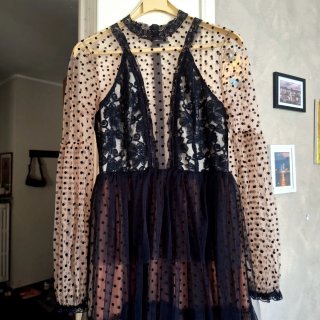 Abito lungo pizzo, tulle e pois