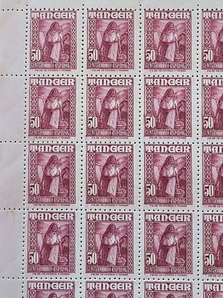 Pliego completo de 100 sellos Tánger de 50 c. 1927