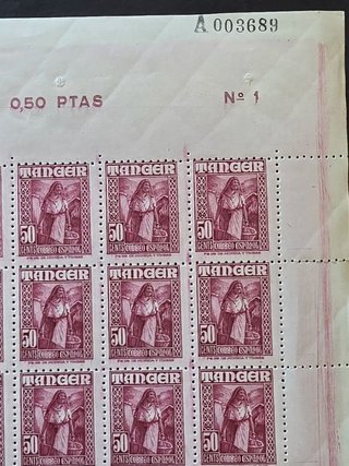 Pliego completo de 100 sellos Tánger de 50 c. 1927