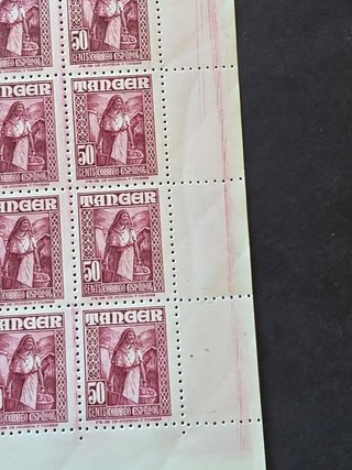 Pliego completo de 100 sellos Tánger de 50 c. 1927