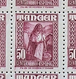 Pliego completo de 100 sellos Tánger de 50 c. 1927
