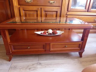 Mesa centro madera con cristal y mueble auxiliar