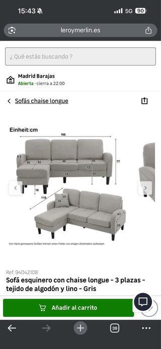 Sofá chaise longue gris tela.