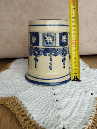 Jarra Cerveza Cerámica Azul y Beige