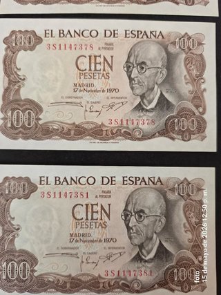 Billetes 100 Pesetas España 1970 correlativos SC