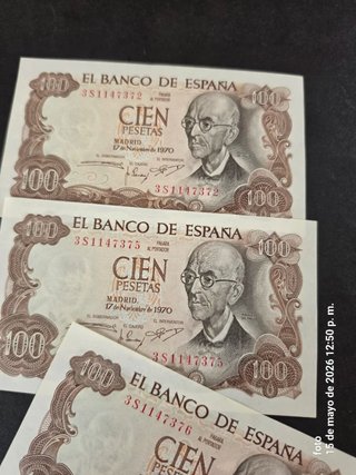 Billetes 100 Pesetas España 1970 correlativos SC