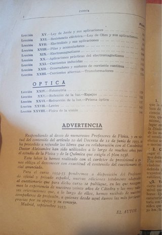 Libro escolar antiguo. Física.