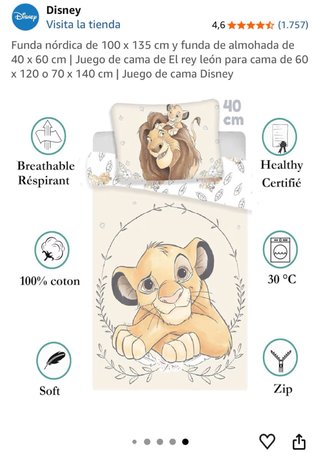 Funda nórdica y almohada Rey León. Incluye relleno