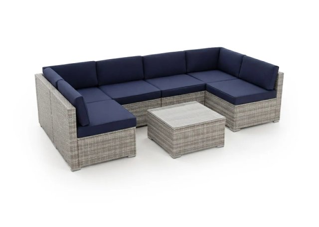 Conjunto Exterior Ratán Gris Y Cojin Azul MODULAR