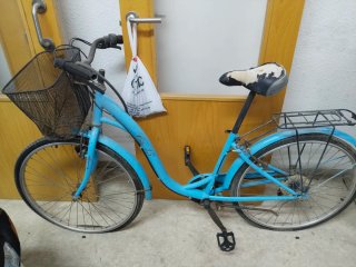 Bicicleta azul con cesta y portabultos