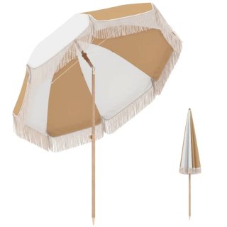 Sombrilla de playa beige y blanca