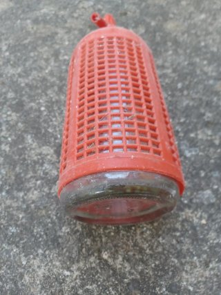 Sifón de cristal, cubierto de plástico rojo