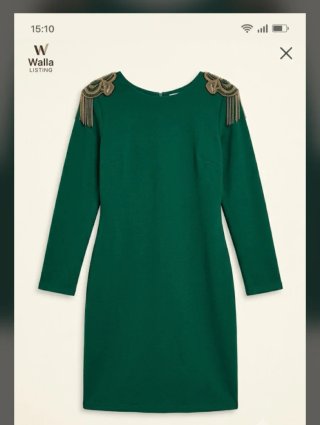 Vestido fiesta corto verde botella adornos hombros