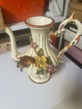 Jarra cerámica vintage con pájaro y flores