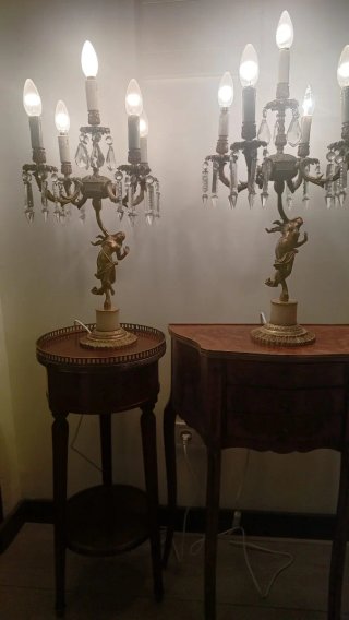 Pareja Lámparas Bronce Candelabro Cristal