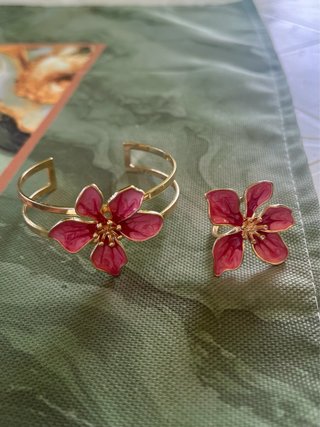 Parure bracciale e anello fiore rosa placato oro