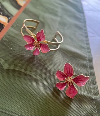 Parure bracciale e anello fiore rosa placato oro