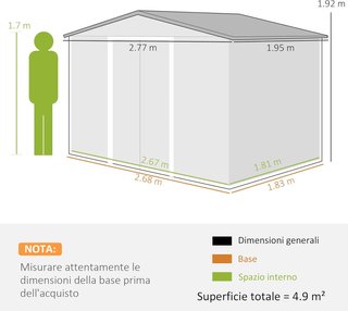 Caseta De Jardín 4.9 M² Con Fundación, 4 Salidas De Aire Y 2 Puertas Correderas, Cobertizo Para Herramientas De Chapa De Acero, 277X195X192 Cm, Marrón Claro