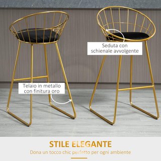 Set de 2 Taburetes Altos de Bar, Taburetes de Cocina con Respaldo y Reposapiés para Sala de Estar o Cocina Estilo Moderno, Cojín de Terciopelo y Estructura de Metal, 52.5X47X97Cm, Negro y Oro