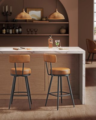 Conjunto de 2 Taburetes de Cocina, Taburetes de Bar Giratorios con Respaldo, Sillas de Cocina, Tapizado con Costura, Moderno de Mediados de Siglo, Altura 65 cm, Marrón Caramelo