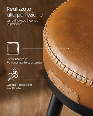 Conjunto de 2 Taburetes de Cocina, Taburetes de Bar Giratorios con Respaldo, Sillas de Cocina, Tapizado con Costura, Moderno de Mediados de Siglo, Altura 65 cm, Marrón Caramelo