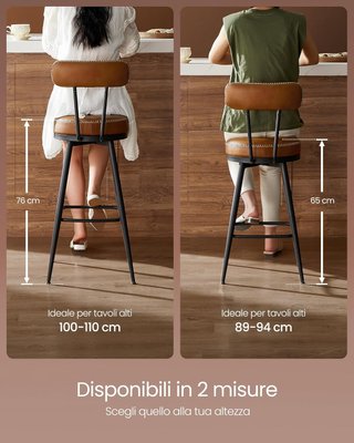 Conjunto de 2 Taburetes de Cocina, Taburetes de Bar Giratorios con Respaldo, Sillas de Cocina, Tapizado con Costura, Moderno de Mediados de Siglo, Altura 65 cm, Marrón Caramelo