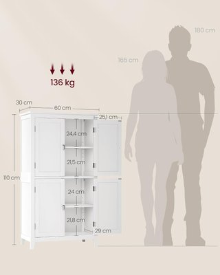 Mueble de Baño, Mueblecito de Baño, Credenza de Cocina, Armario con 4 Puertas, Estantes Regulables, 30 X 60 X 110 Cm, Blanco BBC552P31