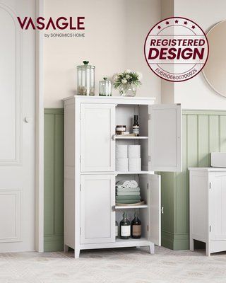 Mueble de Baño, Mueblecito de Baño, Credenza de Cocina, Armario con 4 Puertas, Estantes Regulables, 30 X 60 X 110 Cm, Blanco BBC552P31