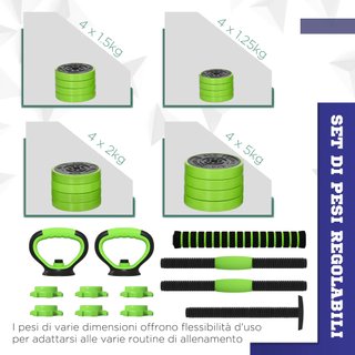Set de Pesas de Gimnasio 4 en 1 de 40kg Totales en Plástico y Arena, Set de Mancuernas Ajustables Utilizable como Kettlebell, 2 Mancuernas, Barra y Soporte para Flexiones
