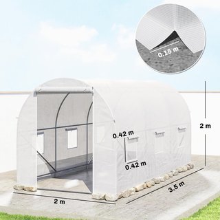 Invernadero para Huerto Con 6 Ventanas y Puerta Enrollable, Invernadero de Jardín en Forma de Túnel, Invernadero para Plantas Con Estructura de Metal y Tela de Polietileno, 3.5X2X2M, Blanco