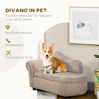 Sofá Elevado para Perros con Espacio de Almacenamiento Oculto, Sofá Acolchado de Madera y Tela de Terciopelo, 80X40X46 Cm, Beige