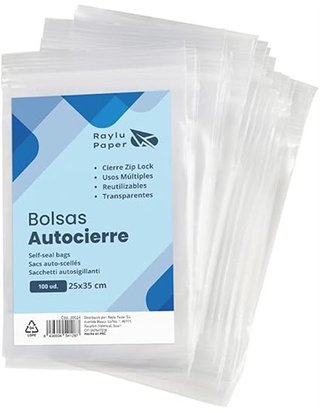 RAYLU PAPER - Bolsas Auto Cierre Zip - Pack de 100 Bolsas de Plástico Transparente Reutilizables - usos Múltiples - Hecho en Europa