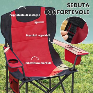 Conjunto de 2 Sillas de Camping Plegables con Bolsa Térmica, Portavasos, Reposacabezas y 2 Bolsillos, Sillas de Jardín de Tela Oxford y Metal, Capacidad de hasta 120 Kg, 94X62X100 Cm, Rojo