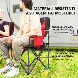 Conjunto de 2 Sillas de Camping Plegables con Bolsa Térmica, Portavasos, Reposacabezas y 2 Bolsillos, Sillas de Jardín de Tela Oxford y Metal, Capacidad de hasta 120 Kg, 94X62X100 Cm, Rojo