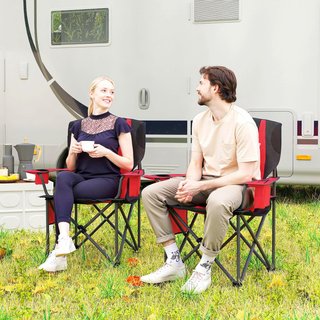 Conjunto de 2 Sillas de Camping Plegables con Bolsa Térmica, Portavasos, Reposacabezas y 2 Bolsillos, Sillas de Jardín de Tela Oxford y Metal, Capacidad de hasta 120 Kg, 94X62X100 Cm, Rojo