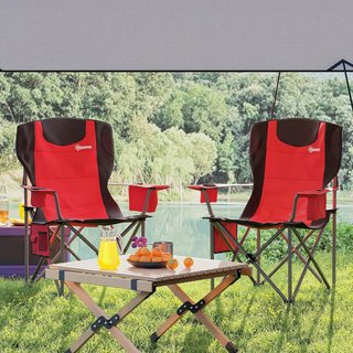 Conjunto de 2 Sillas de Camping Plegables con Bolsa Térmica, Portavasos, Reposacabezas y 2 Bolsillos, Sillas de Jardín de Tela Oxford y Metal, Capacidad de hasta 120 Kg, 94X62X100 Cm, Rojo