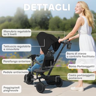 6 en 1 Triciclo Cochecito Bicicleta para Niños de 1 a 5 Años Hasta 25Kg, Triciclo Plegable Con Asiento Giratorio Frente a Mamá o Calle, Capota, Manillar, Bolsa, Ruedas y Cinturón de 5 Puntos, Negro
