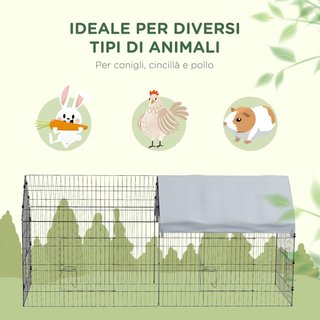 Jaula para Conejos y Gallinas de Exterior e Interior con Protección de Sombra y Rejilla Metálica, Casa Recinto para Animales Pequeños, Gallinas, Patos, Cobayas, 220X85X103Cm, Plata
